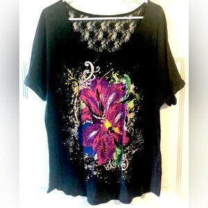 Maurices Pink Purple Colorful Tropical Orchid Floral Black Lace Back Knit Top 1X